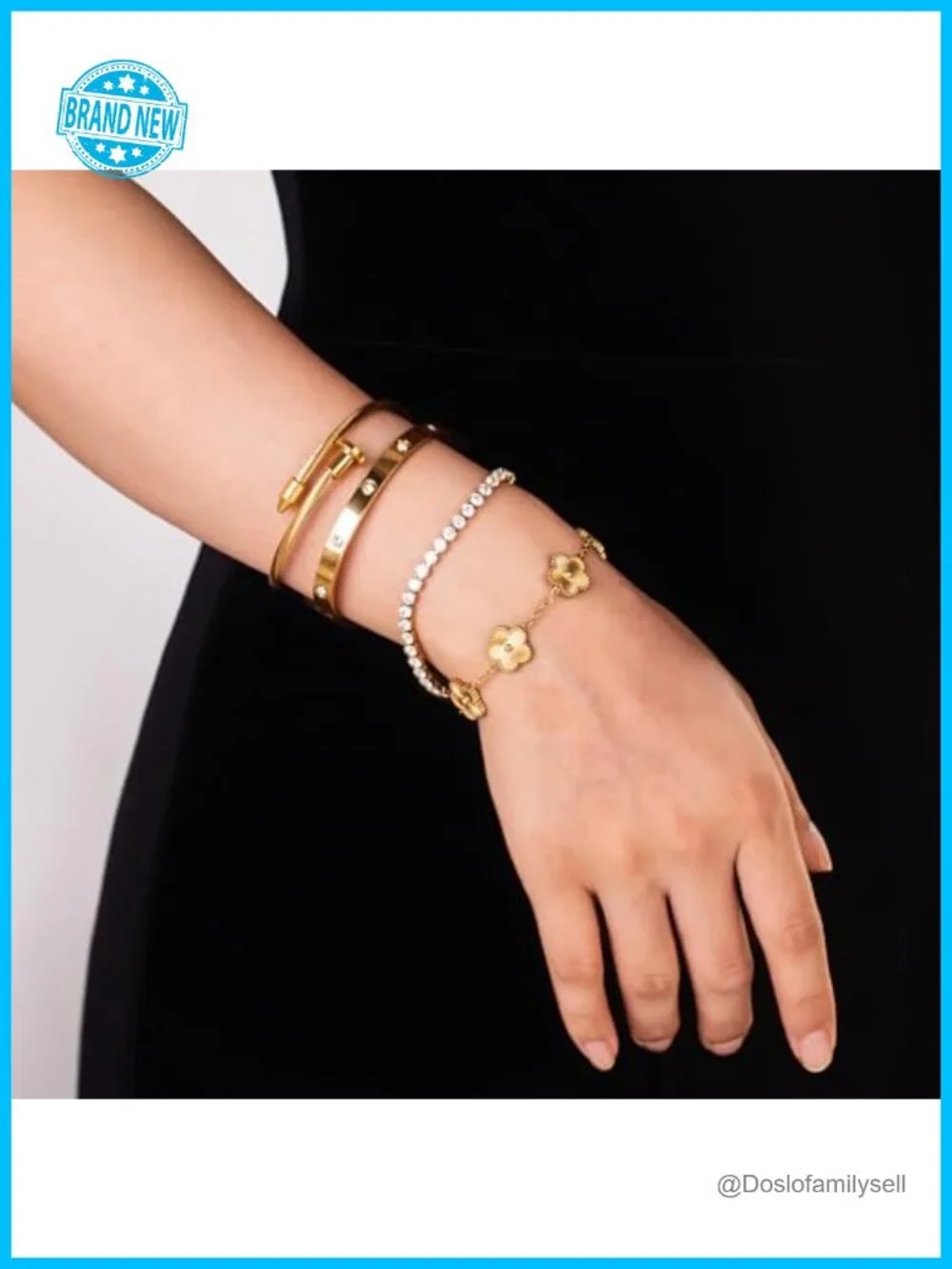 18K Gold Plated Bangle Bracelet Set Stackable Floral Adjustable Tennis Non